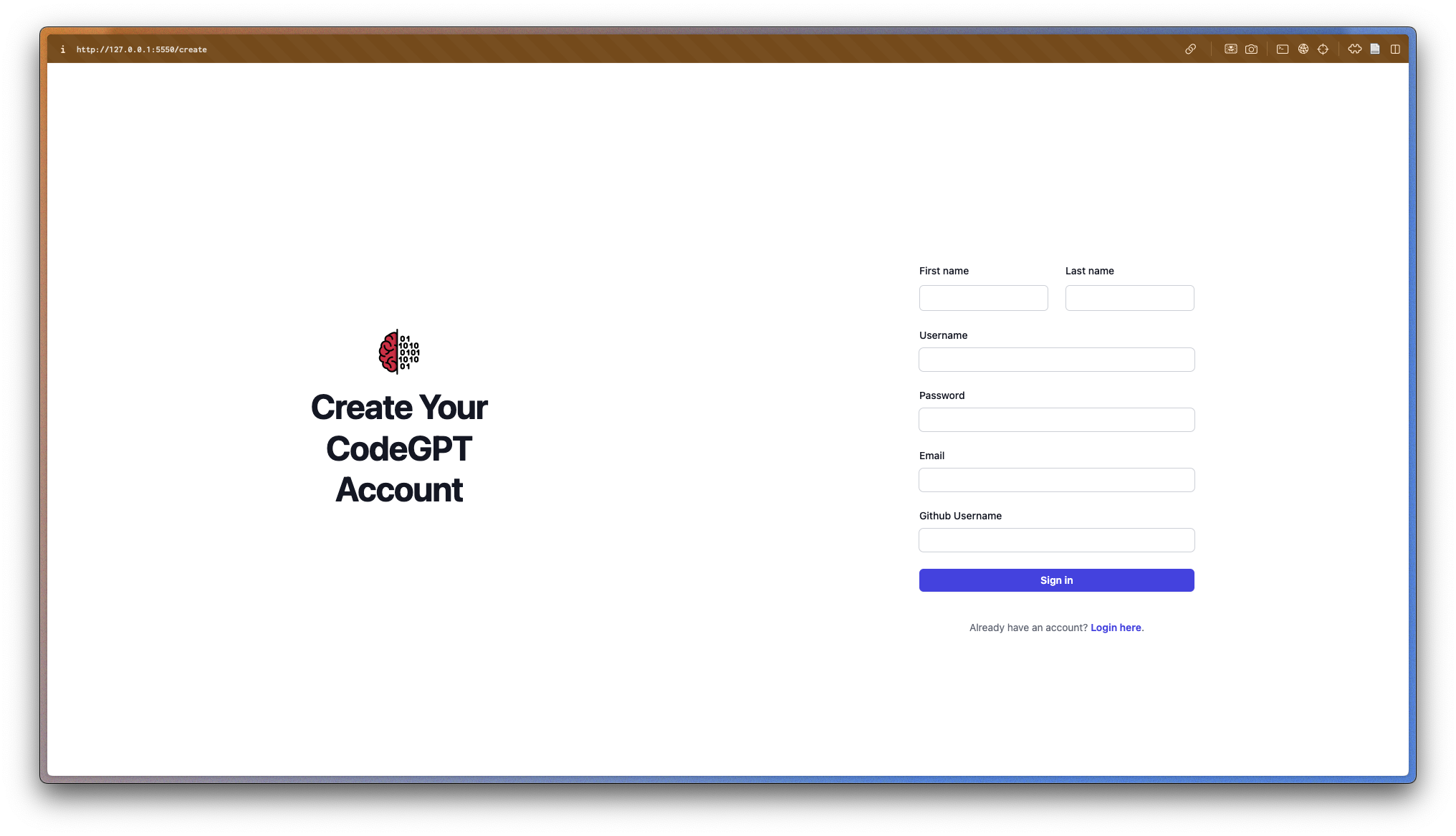 Create account page.