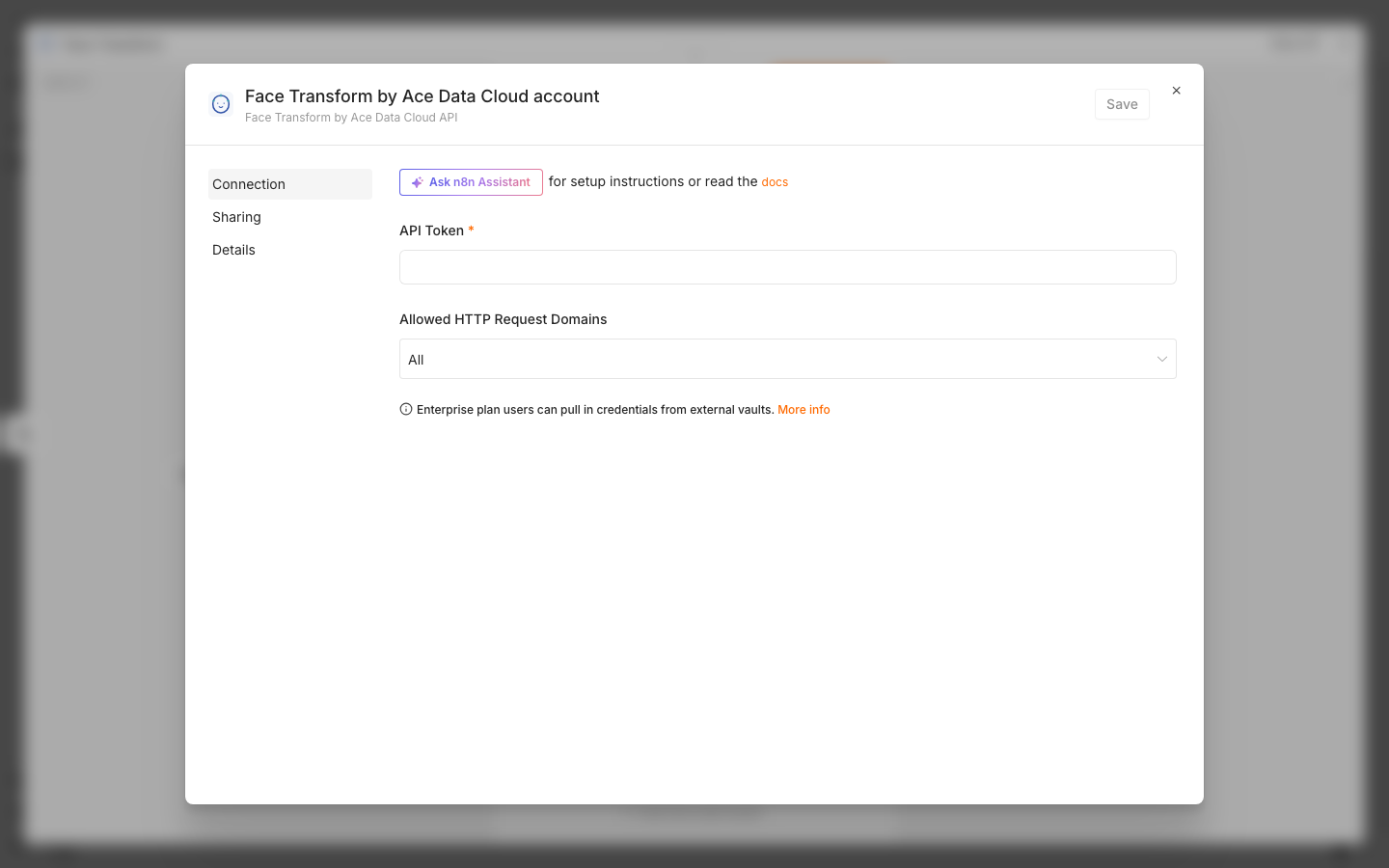 Face Transform credential form in n8n