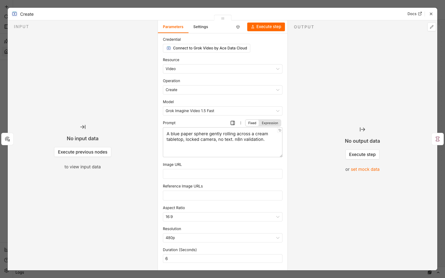 Grok Video creation settings in n8n