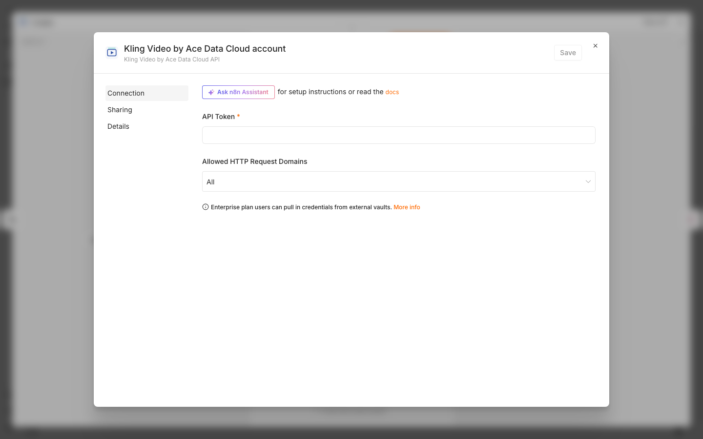 Kling Video credential form in n8n
