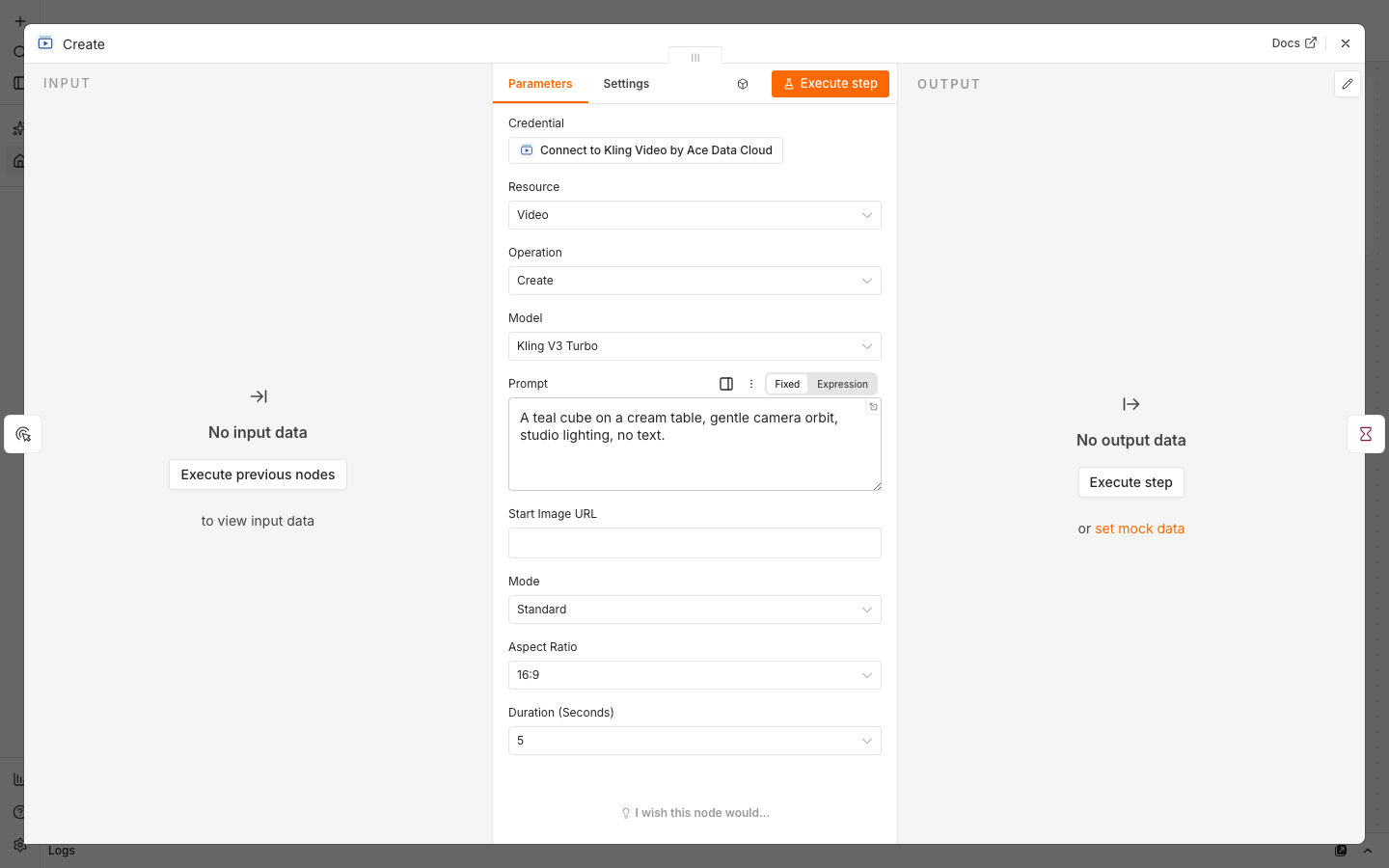 Kling Video creation settings