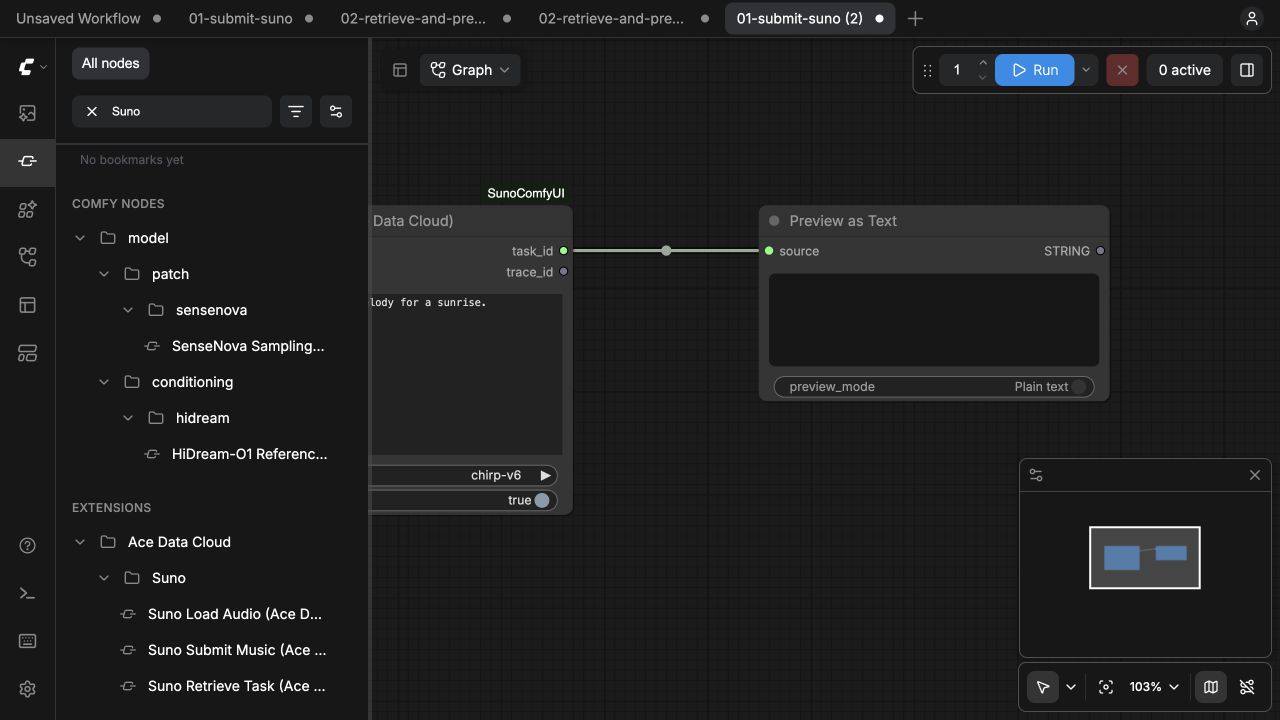 Suno nodes found in the local ComfyUI node picker