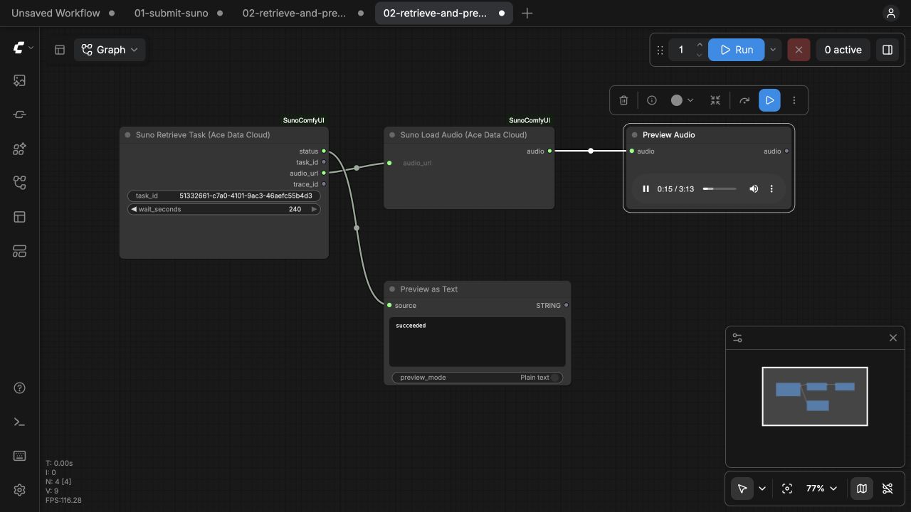 A completed Suno task with succeeded status and playable audio in ComfyUI