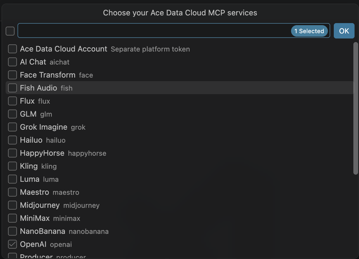 OpenAI service selected in the MCP service picker