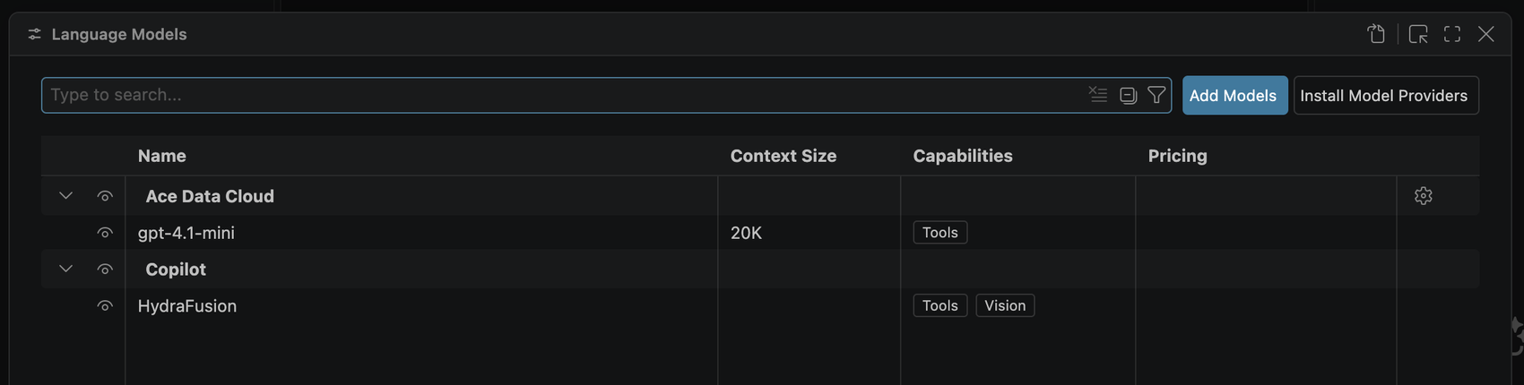 Manage Models in the Ace Chat Models extension