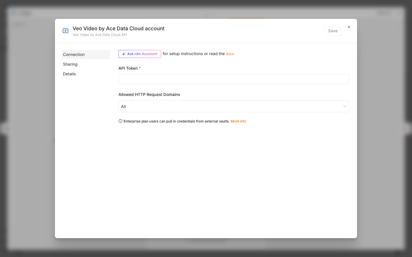Veo Video credential form in n8n