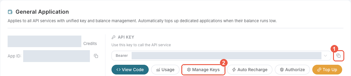 Copy a key or open Manage Keys