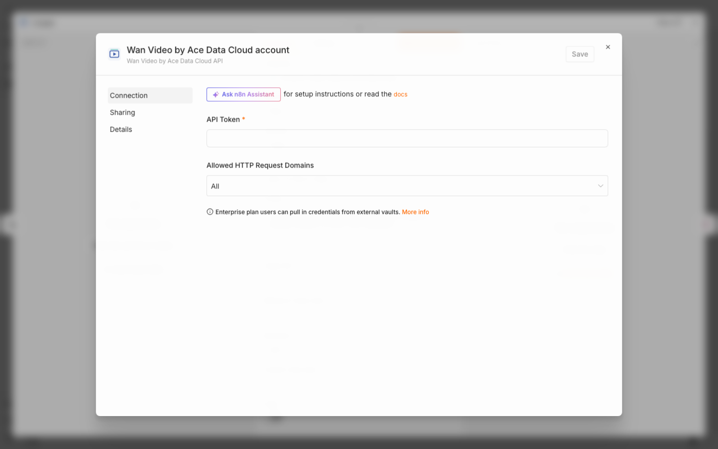 Wan Video credential form in n8n