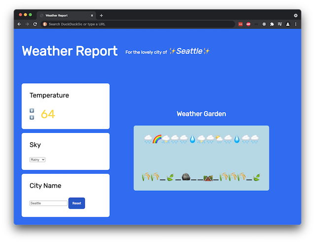 Example weather app: The temperature reads 64, in yellow text. The selected dropdown for "Sky" is "Rainy." There is a depiction of rainy weather. The city name is "Seattle." The header reads "Seattle."