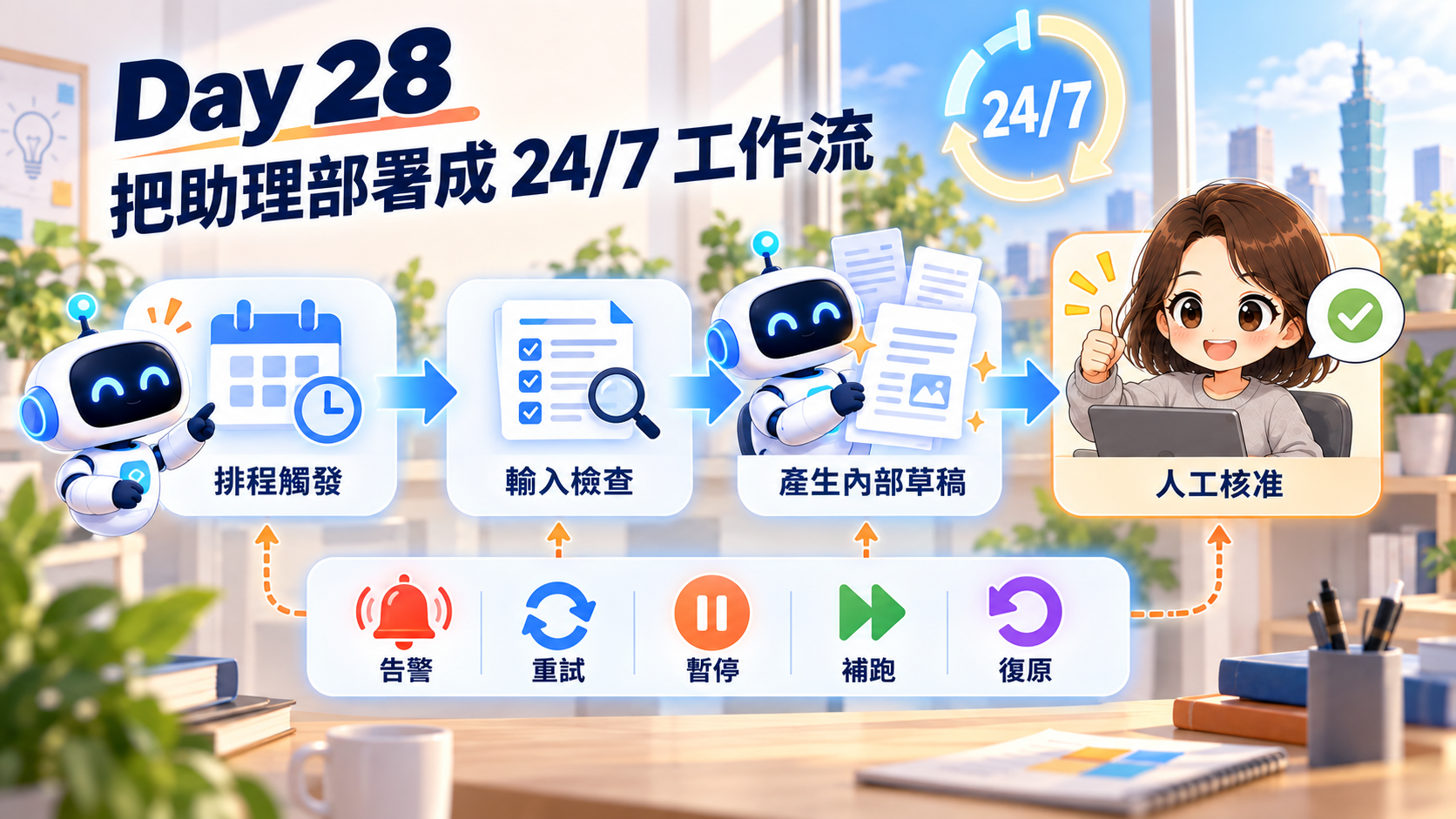 24 小時工作流：排程、輸入檢查、內部草稿、人工核准與復原