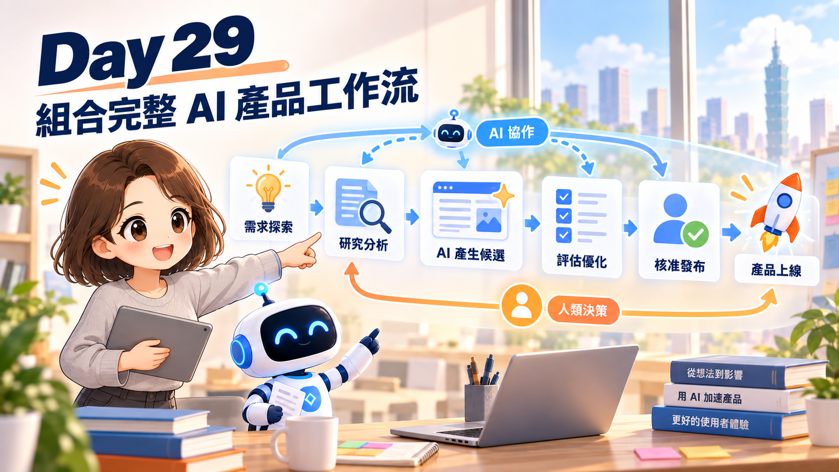 Day 29 封面：產品經理與 AI 助理檢視完整產品證據鏈