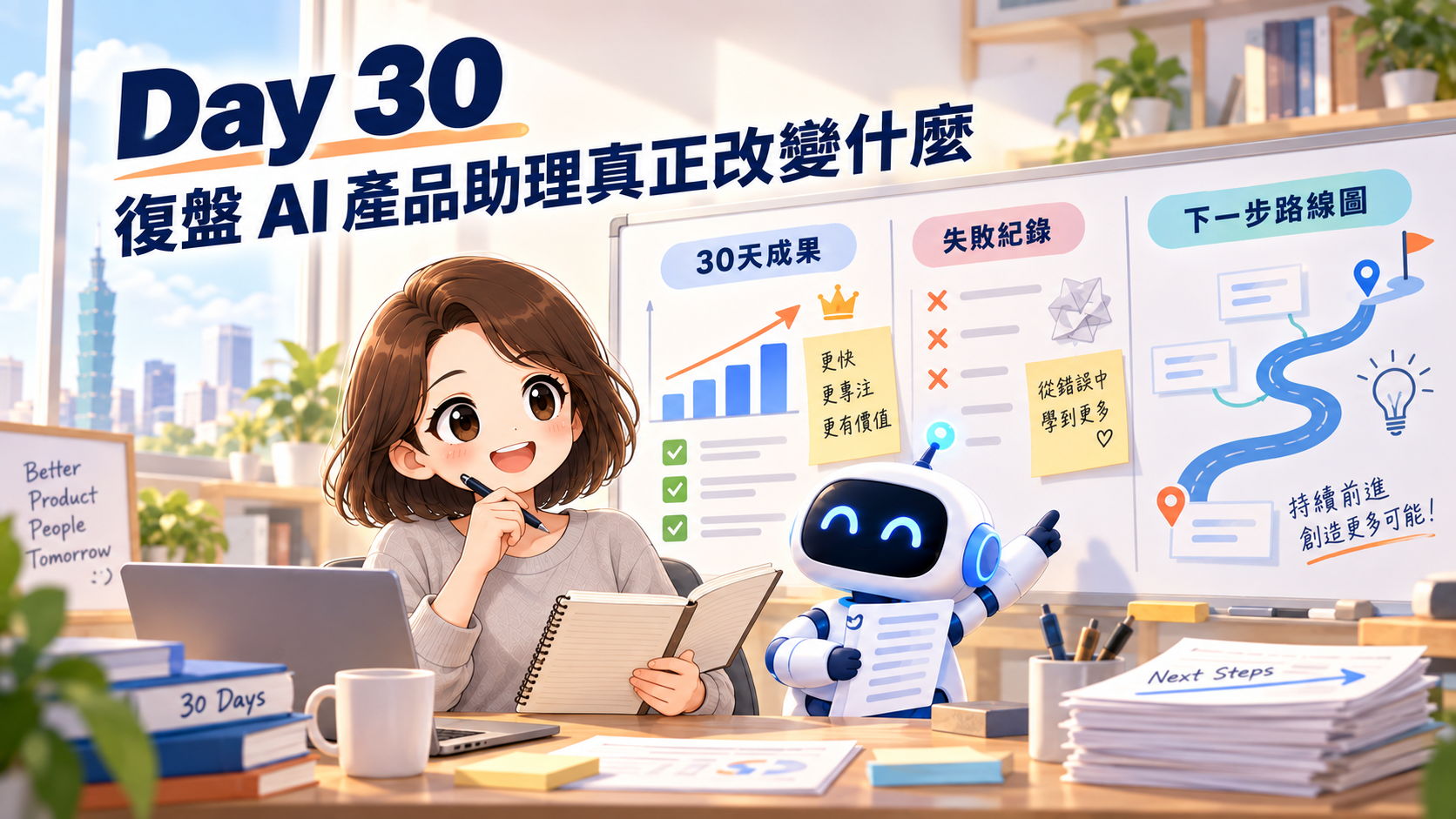 Day 30 封面：產品經理與 AI 助理復盤三十天成果