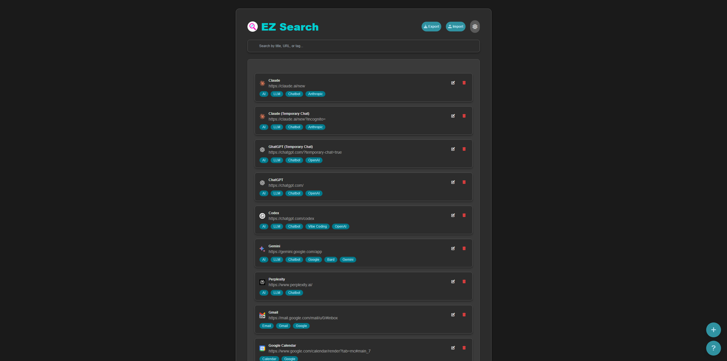 Screenshot of the EZ Search Chrome extension showing a dark-themed list of tagged bookmarks