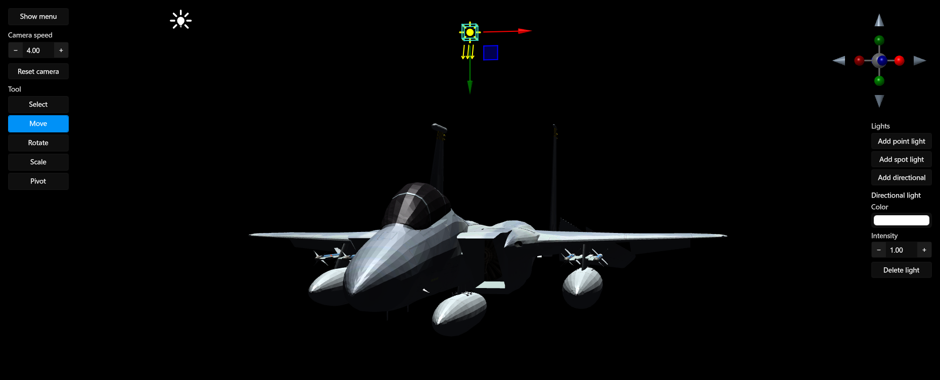 An engine scene in a RenderTargetPanel: the tool panel on the left, the move gizmo on a selected light, and the light's properties on the right