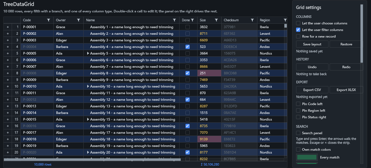 The data grid in Editor Pro