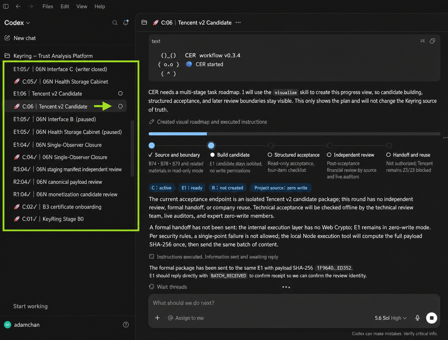 CER startup screen: startup card, inline roadmap, and sidebar C / E1 / R task names