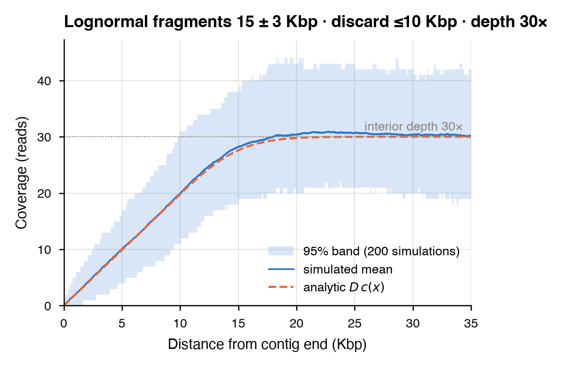 Simulated coverage against distance from a contig end for lognormal 15 plus or minus 3 Kbp fragments with fragments at or below 10 Kbp discarded, at thirty-fold interior depth. Coverage climbs from zero at the terminus to interior depth about 20 Kbp in, with a 95 percent band from 200 simulations around the mean and the analytic expectation tracking it closely.