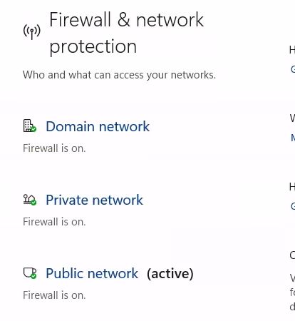 Windows Security firewall view on the Cloud PC