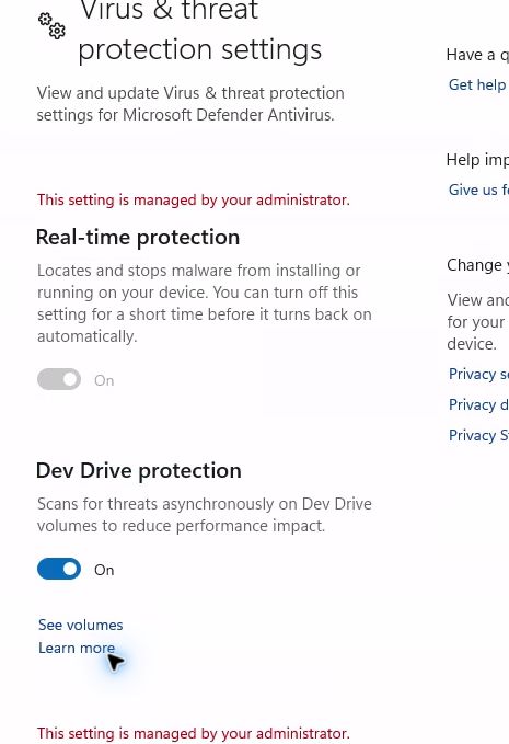 Windows Security real-time protection view on the Cloud PC