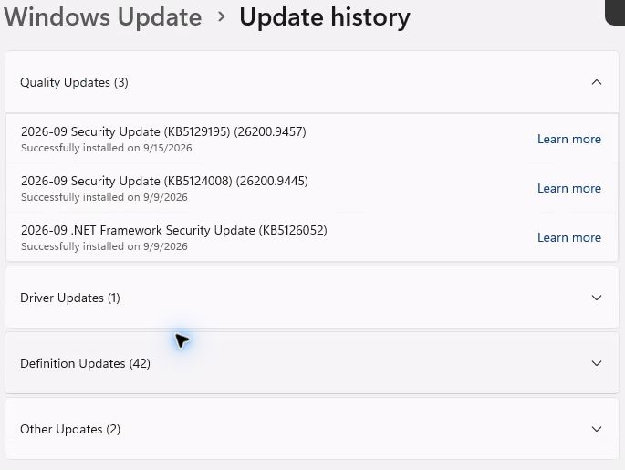 Windows Update history on the Enterprise pilot