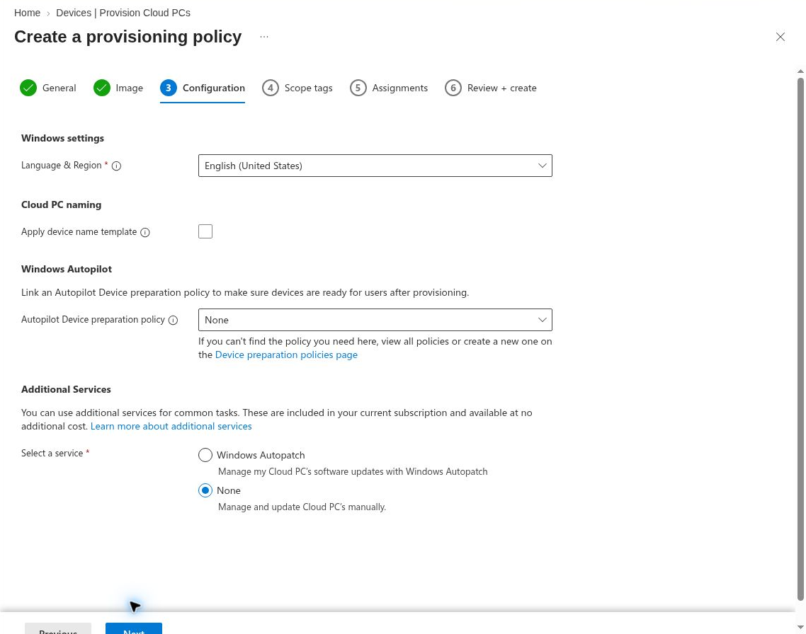 Configuration page in my Intune provisioning policy draft