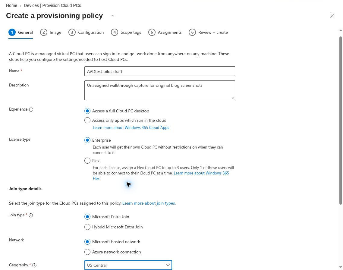 General page in my Intune provisioning policy draft