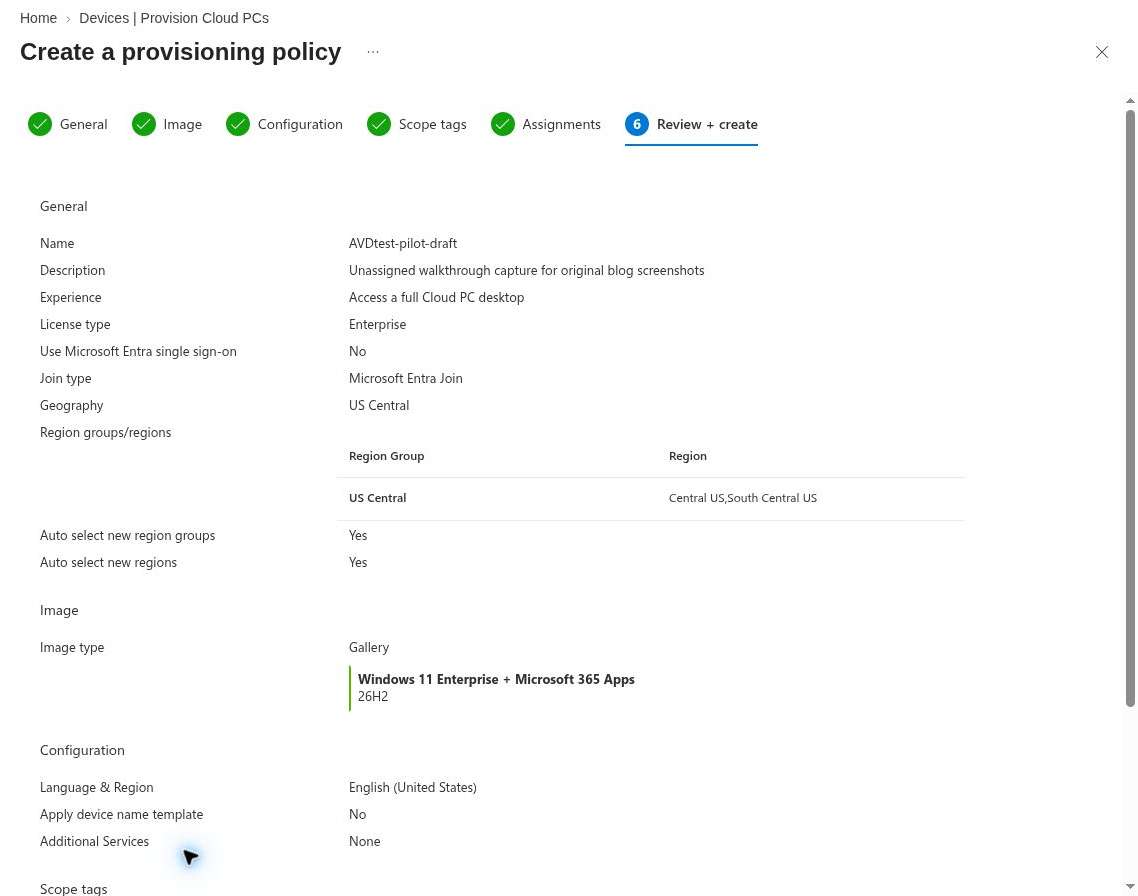 Review page of my unassigned Intune provisioning policy draft