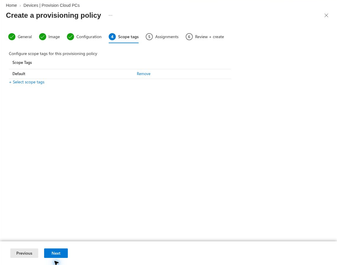 Scope tags page in my Intune provisioning policy draft