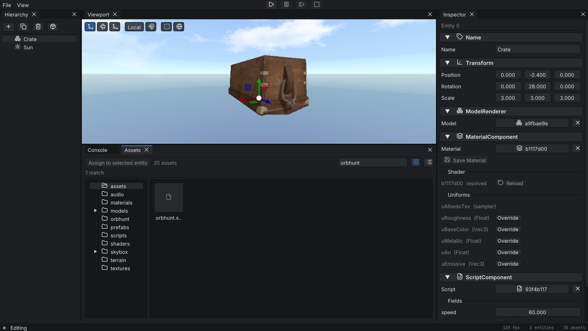 Forge editor showing asset search, icon chrome and the component inspector