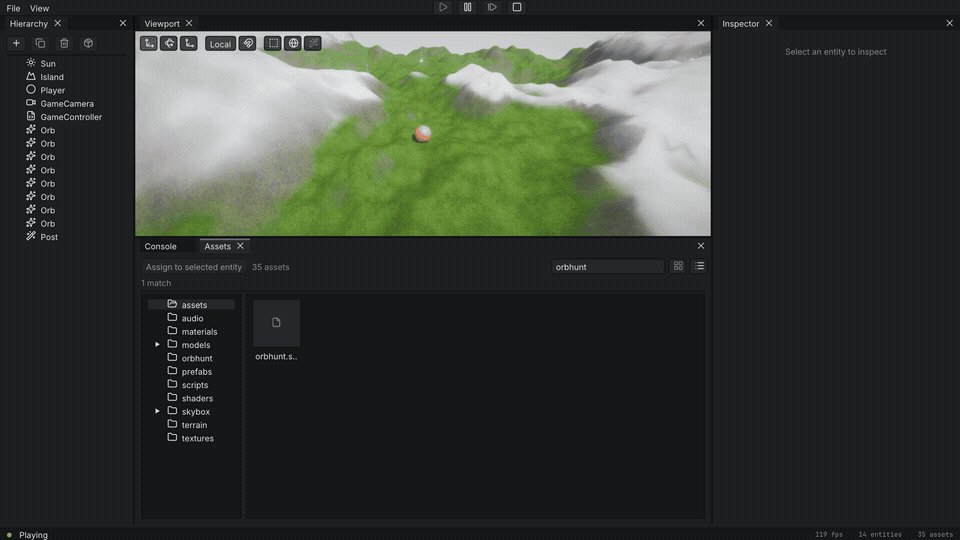 Orb Hunt gameplay running in the Forge editor