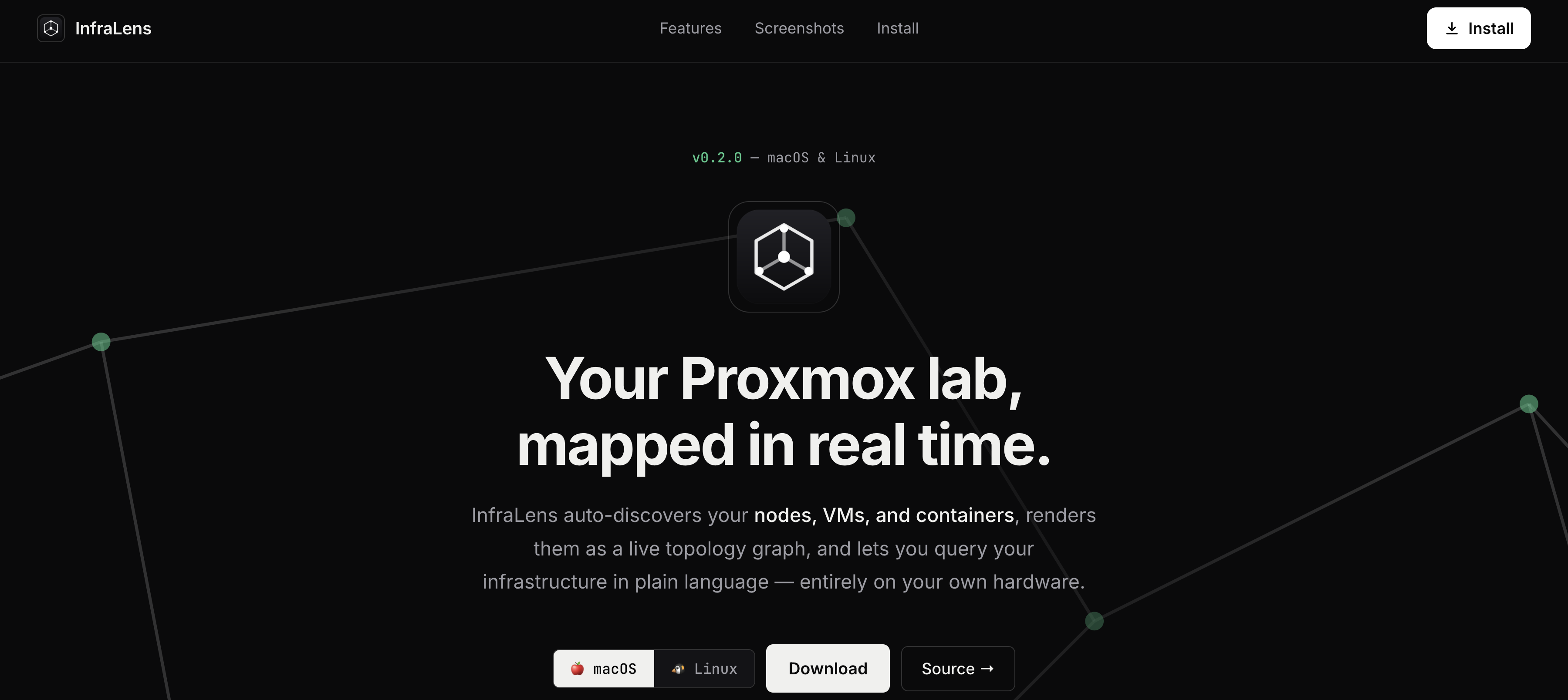 InfraLens showing a Proxmox cluster as a topology graph