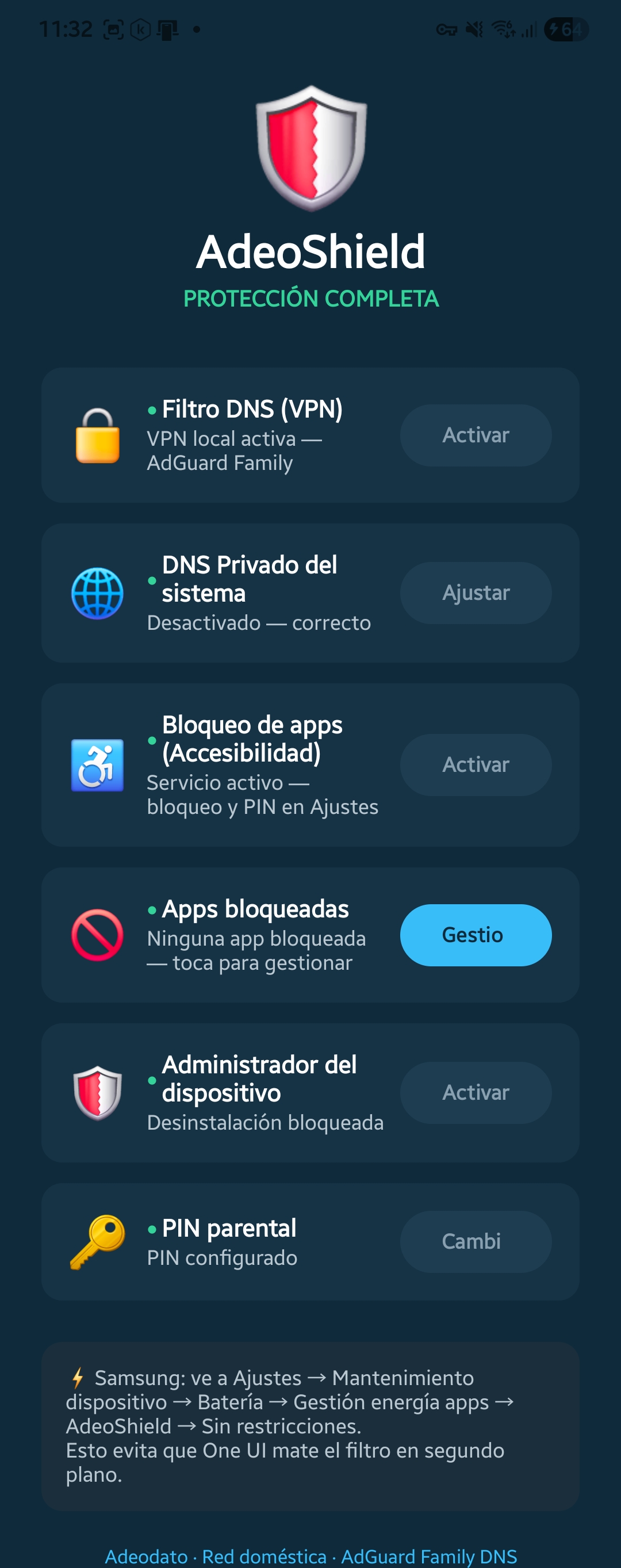 Pantalla principal de AdeoShield
