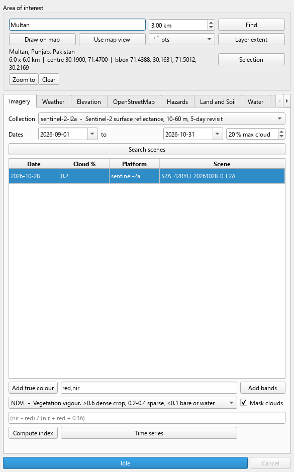Imagery tab: search Sentinel-2 scenes, add bands, compute NDVI