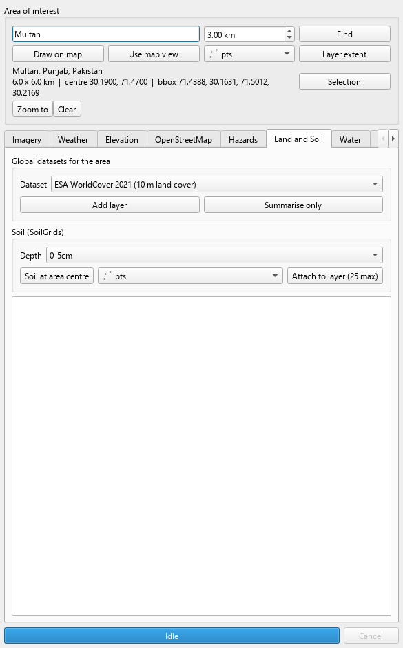 Land and Soil tab: WorldCover, land use, surface water, SoilGrids
