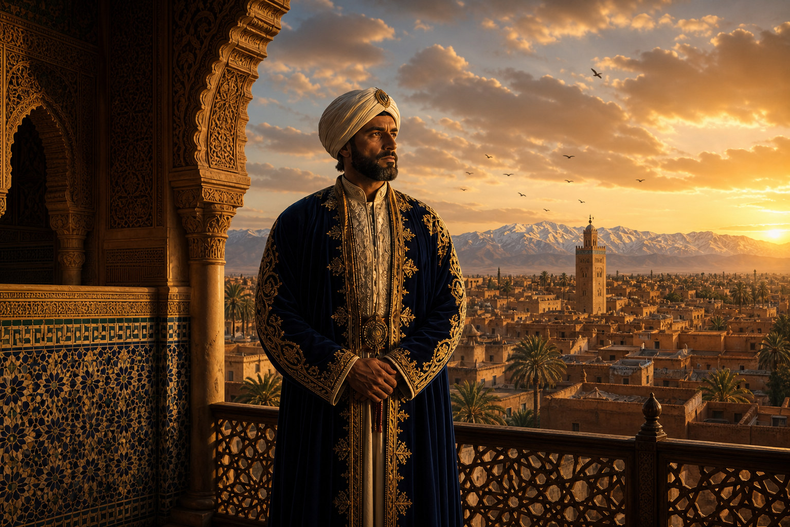 A fictional Moroccan sultan on a palace terrace at sunset, overlooking an ancient medina and the Atlas mountains