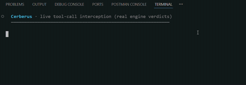 Cerberus intercepting an agent's tool calls in real time โ allow, block, and hold-for-approval