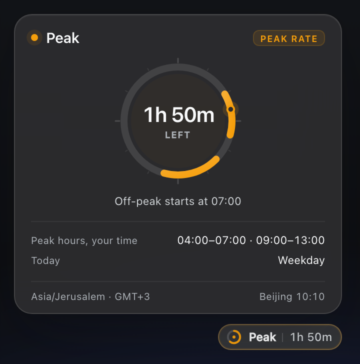 The detail panel in dark mode: peak, 1 hour 50 minutes left, off-peak at 07:00