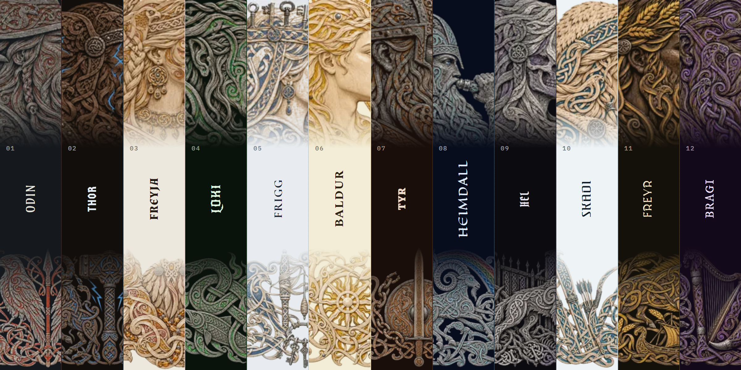 Twelve narrow columns side by side, one per god, each with a carved Norse head at the top, the god's name in its own lettering in the middle, and a knotwork fragment at the bottom, from Odin's granite and red runes to Skadi's snow