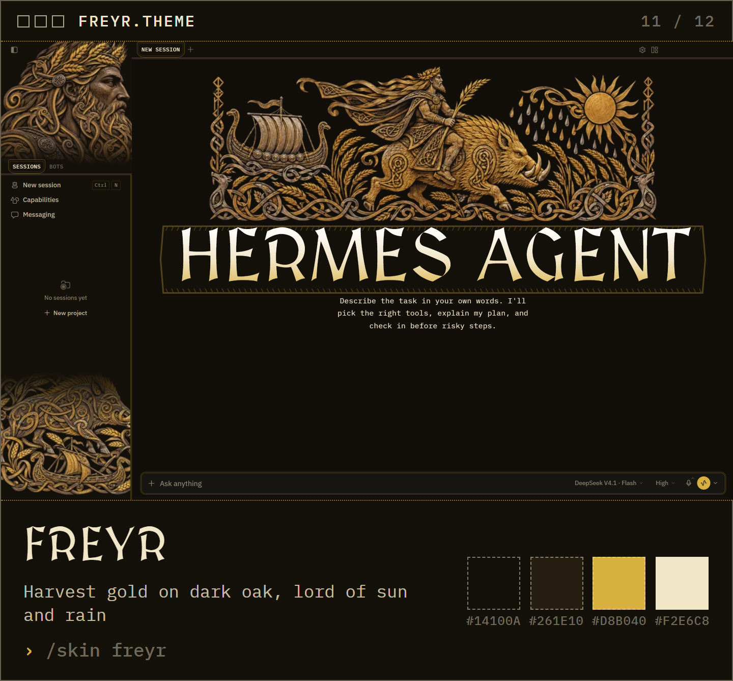 Freyr: harvest gold on dark oak, lord of sun and rain