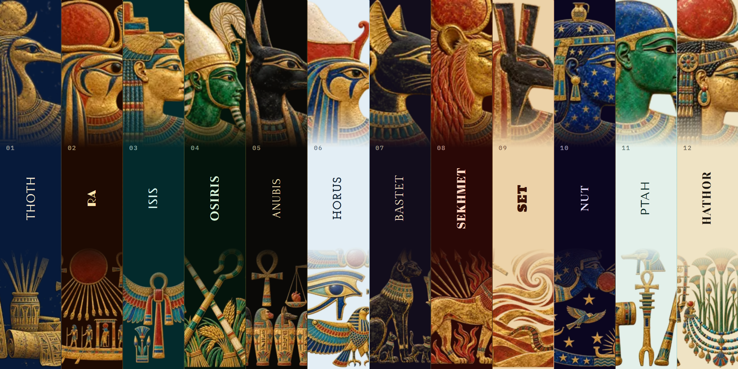 Twelve narrow columns side by side, one per god, each with a painted Egyptian relief head at the top, the god's name in its own lettering in the middle, and a carved fragment at the bottom, from Thoth's lapis and gold to Hathor's papyrus