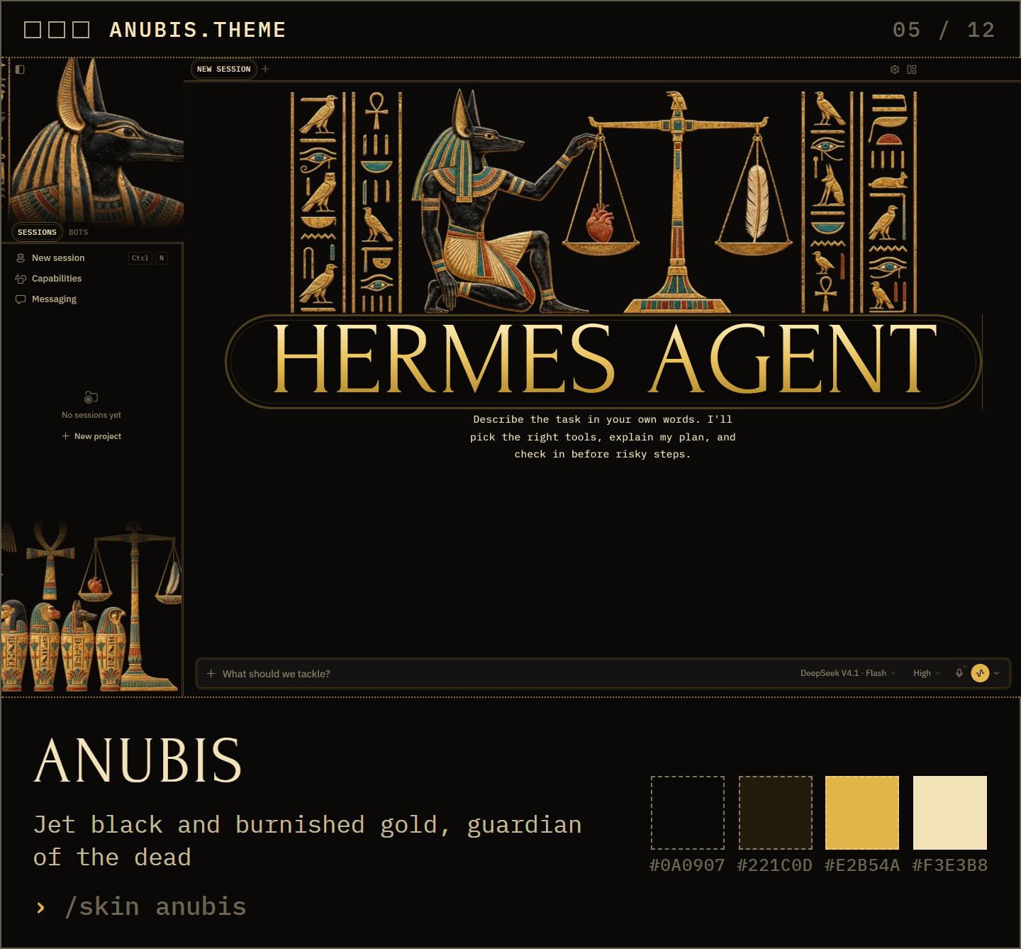 Anubis: jet black and burnished gold, guardian of the dead