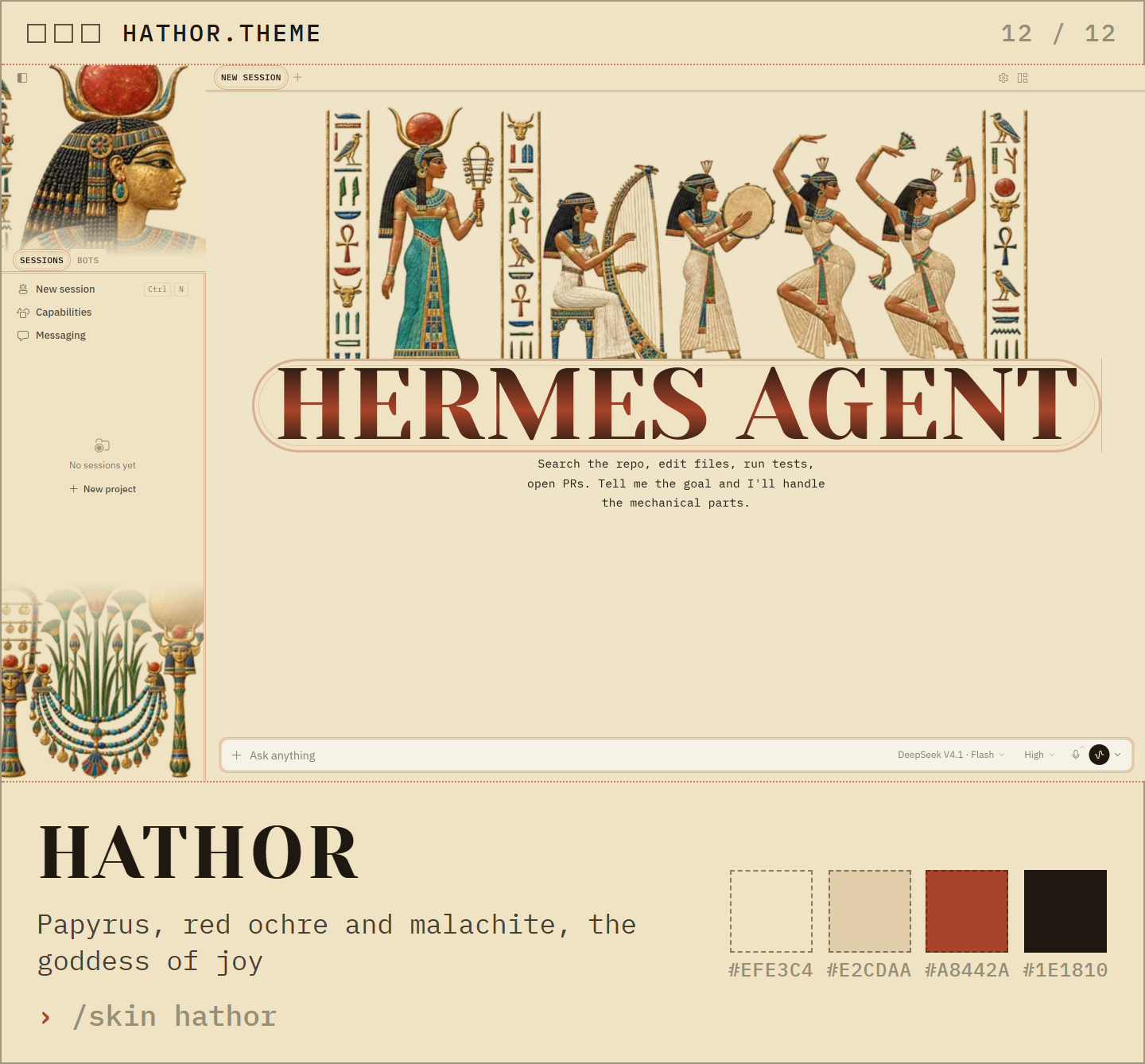 Hathor: papyrus, red ochre and malachite, the goddess of joy