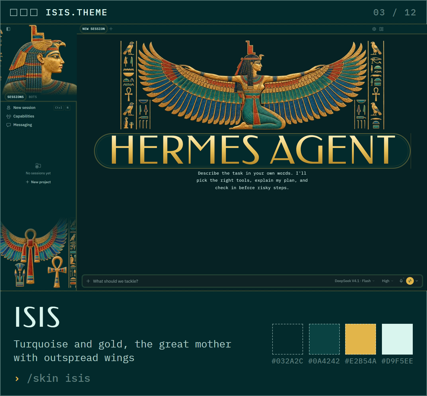 Isis: turquoise and gold, the great mother with outspread wings