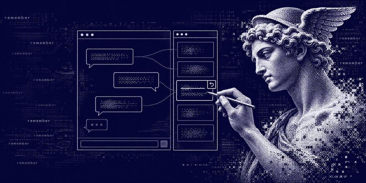 A marble Hermes rewrites a memory card with a stylus in a side panel docked beside a chat window