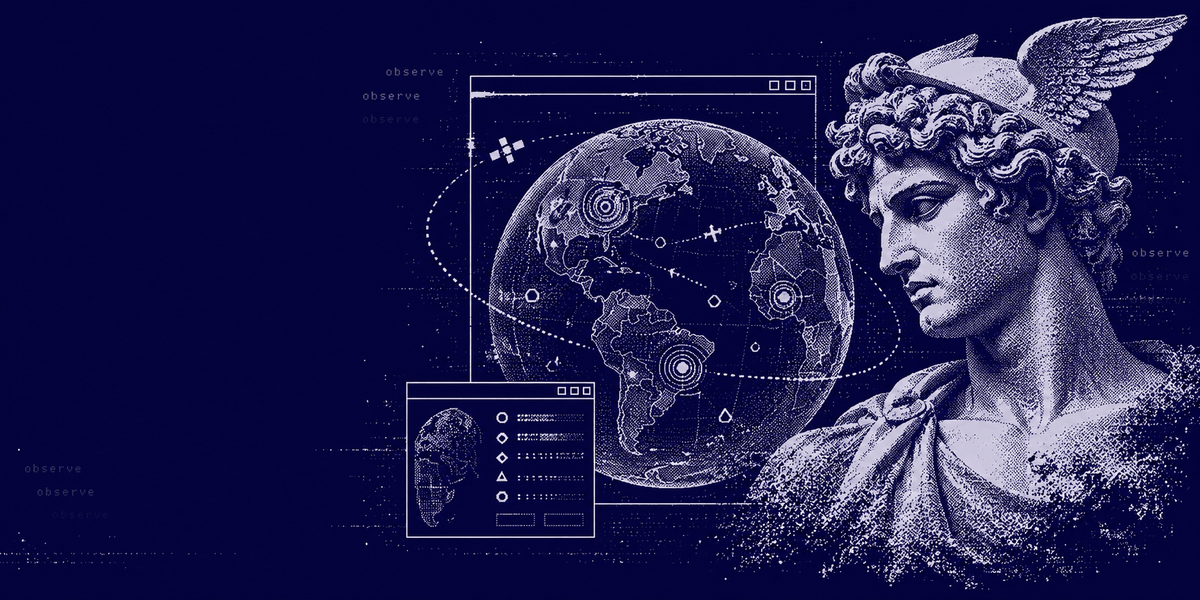 A marble Hermes watches a dithered globe of event markers, an orbiting satellite and a dossier window