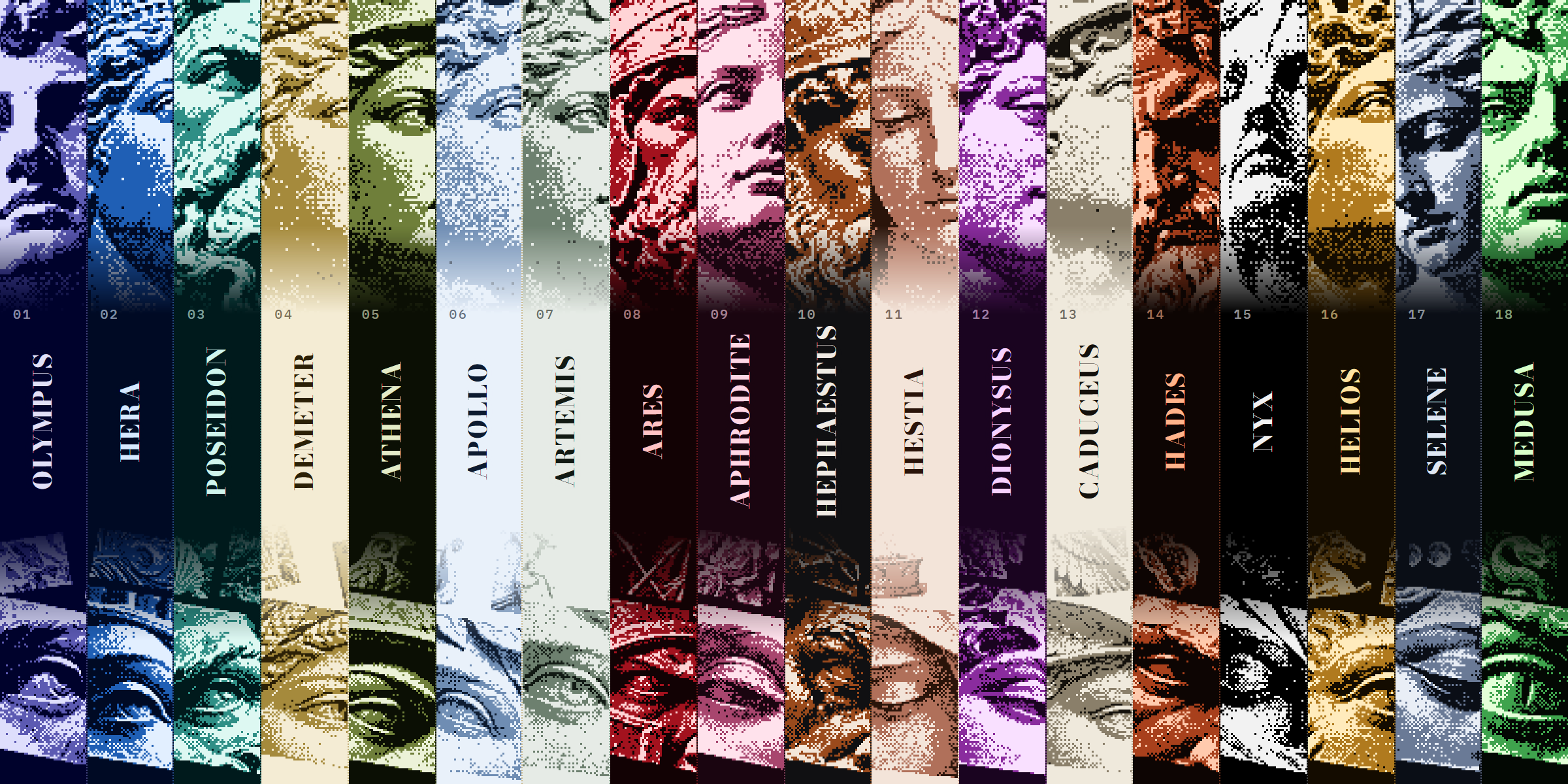 Eighteen narrow columns side by side, one per theme, each with a dithered marble head at the top, the theme's name inscribed vertically in the middle, and a collage of statue fragments at the bottom, every column in its own palette from indigo to parchment