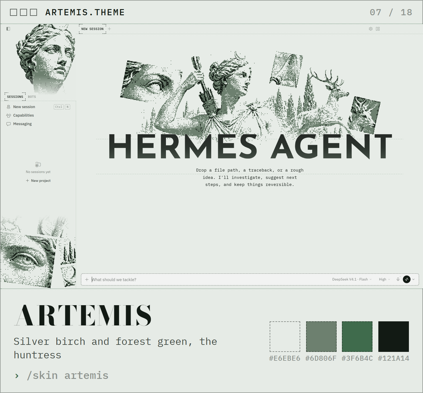 Artemis: silver birch and forest green, the huntress