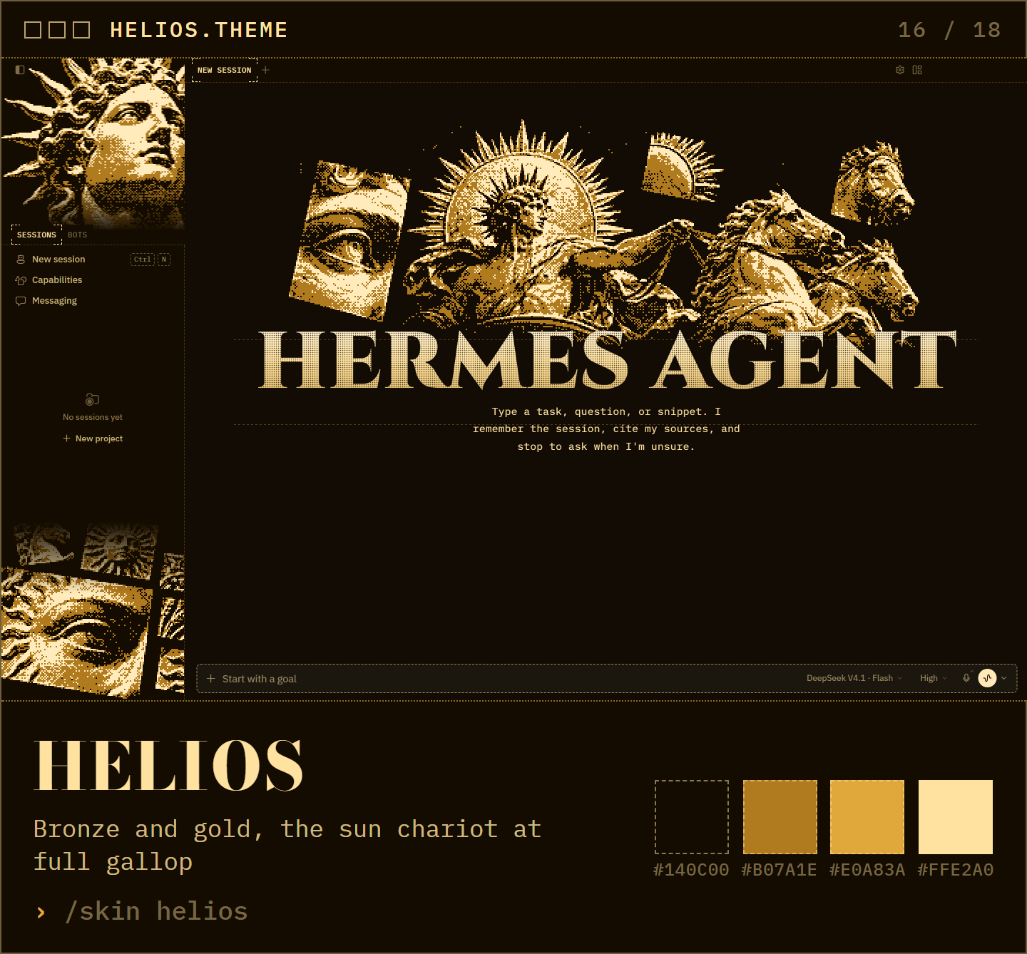 Helios: bronze and gold, the sun chariot at full gallop