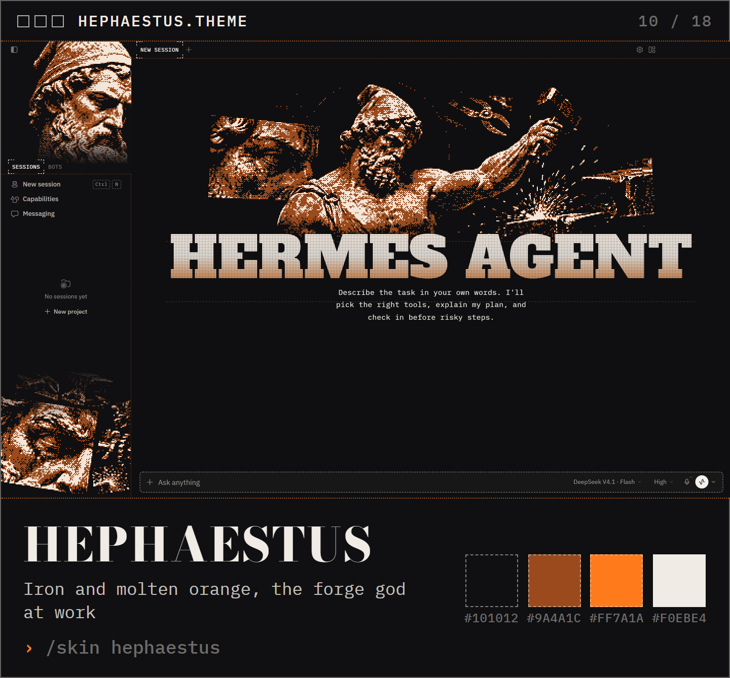 Hephaestus: iron and molten orange, the forge god at work