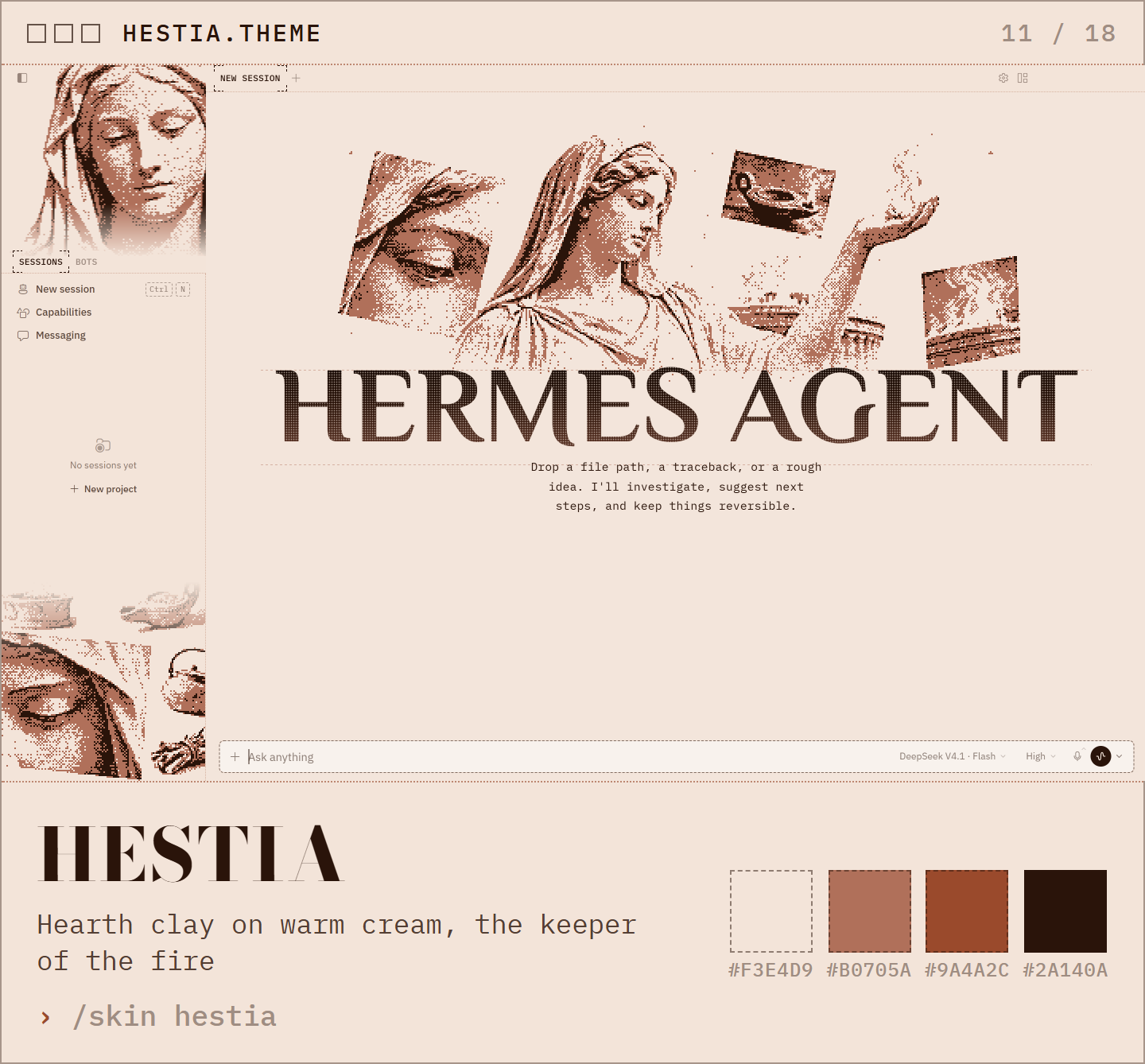 Hestia: hearth clay on warm cream, the keeper of the fire